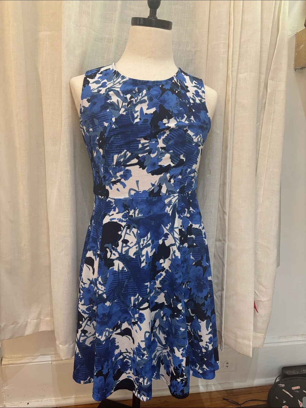 Blue Floral A-Line Sleeveless Dress